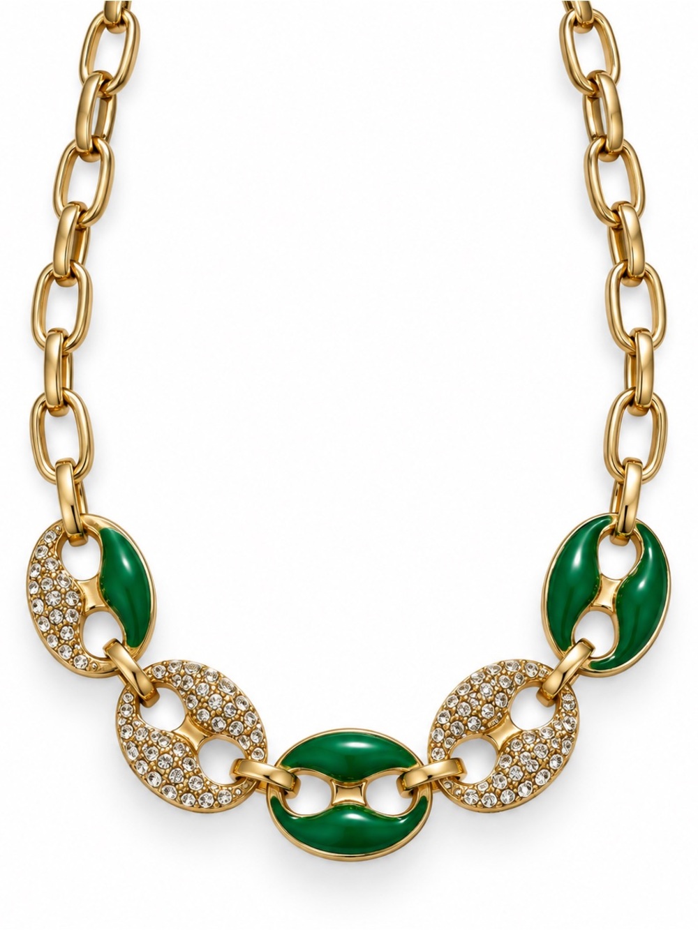 Gold Link nracelet with Green Enamel and Crystal Accents